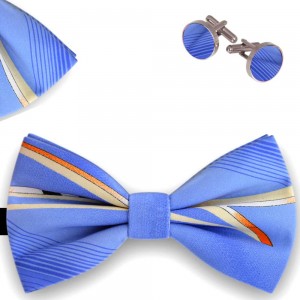 Set papion barbati, batista, butoni, albastru azur, Imprimeu dungi